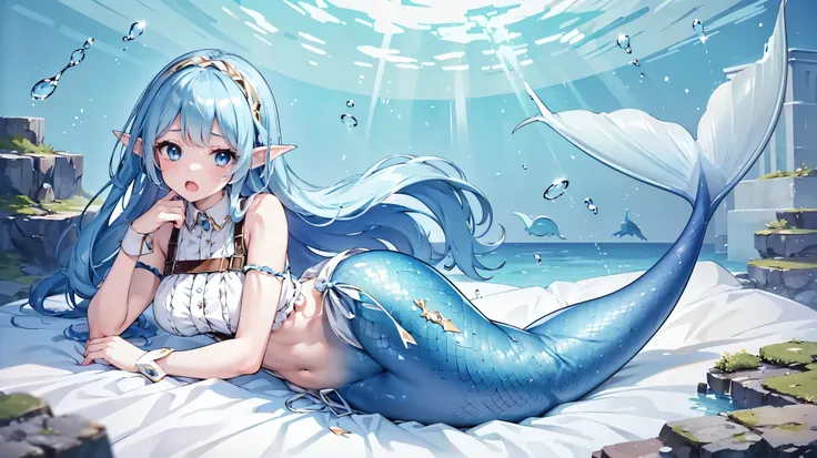 (masterpiece,  best quality),(full fingers),a girl,  blue hair  ,blue eyes,elf ears,  alone,  big breasts  ,mermaid,蓝色的mermaid尾巴...