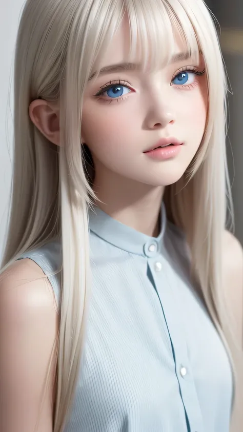 a girl with a beautiful cute face ,beautiful natural platinum blonde hair,Half Body Shot,Beautiful long bangs, beautiful cute bangs between the eyes ,Striped Hair,Round face、Big, incredibly bright, pale light blue eyes that shine so beautifully、Large ligh...