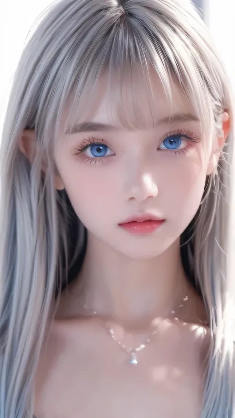 a girl with a beautiful cute face ,beautiful natural platinum blonde hair,Half Body Shot,Beautiful long bangs, beautiful cute bangs between the eyes ,Striped Hair,Round face、Big, incredibly bright, pale light blue eyes that shine so beautifully、Large ligh...