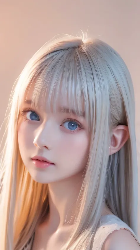a girl with a beautiful cute face ,beautiful natural platinum blonde hair,Half Body Shot,Beautiful long bangs, beautiful cute bangs between the eyes ,Striped Hair,Round face、Big, incredibly bright, pale light blue eyes that shine so beautifully、Large ligh...
