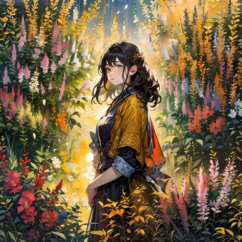 masterpiece, ultra detailed, best quality, an astonished woman standing in front of a large window 、 and the outside light illuminates her expression 。 with a bright garden in the background 、 Colorful Flowers々is in full bloom。The painting style is 、 comb...