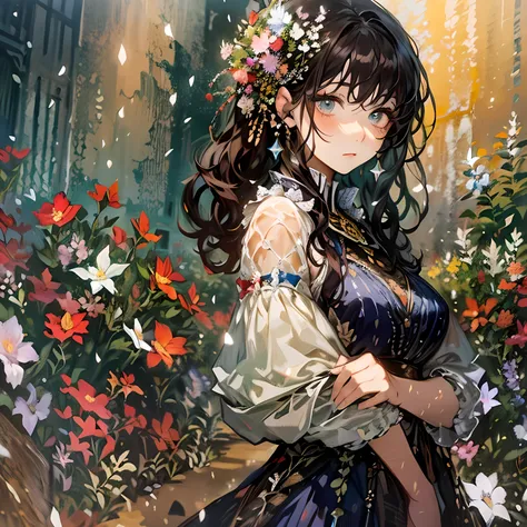 masterpiece, ultra detailed, best quality, an astonished woman standing in front of a large window 、 and the outside light illuminates her expression 。 with a bright garden in the background 、 Colorful Flowers々is in full bloom。The painting style is 、 comb...