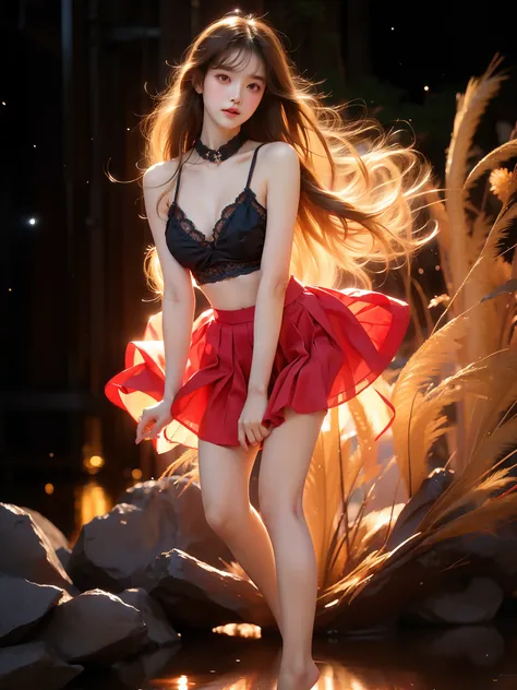 tutututu,red_skirt, school uniform, black_bra, underwear,lingerie,midriff,red_sailor_collar, , (Asian beauty), ((full body)), ((Natural and elegant posture)), (night, starry sky, space scene), (slim athletic figure: 1.1), (visible cleavage: 0.8), (smooth s...