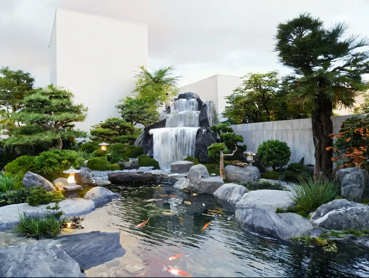 lattezen garden,trees, lakes, fish, stone lamps, ornamental plants, bonsai, green space, landscape