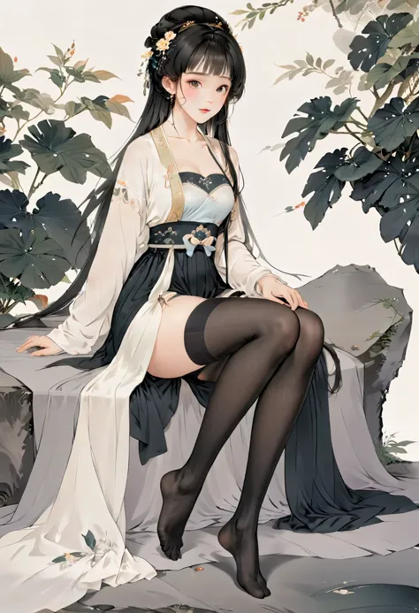 8K, masterpiece,  best quality, 2D, (  Traditional Chinese Ink Painting  :0.2),  black pantyhose，Wearing Hanfu，Hair with bangs ，The  black pantyhose on the legs are exposed，Breast fullness， spread your legs  , Perfect leg shape，Leaking underwear