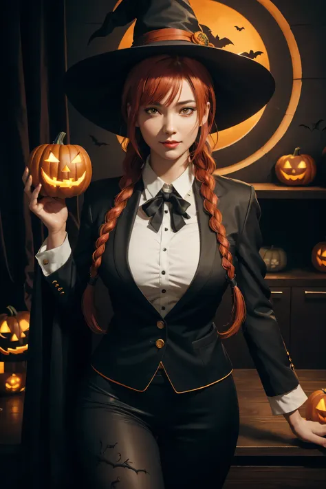 Makima,With bangs,Red Hair,Braids at the back,White Shirt,Black tie,Black Suit,Yellow Eyes , super high image quality ,super high quality,masterpiece, dslr , photorealistic,Detailed details,Vivid details,Depicted in detail,, detailed face in a business sui...
