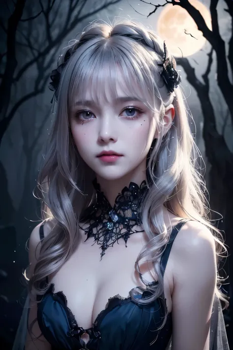 High resolution, ultra detailed, (realistic, photorealistic), (masterpiece), (realistic), country girl in 18th century style dress, ((very delicate and beautiful face but sad)), dark silver-grey medium length hair with loose curls, (small chest), pictorial...