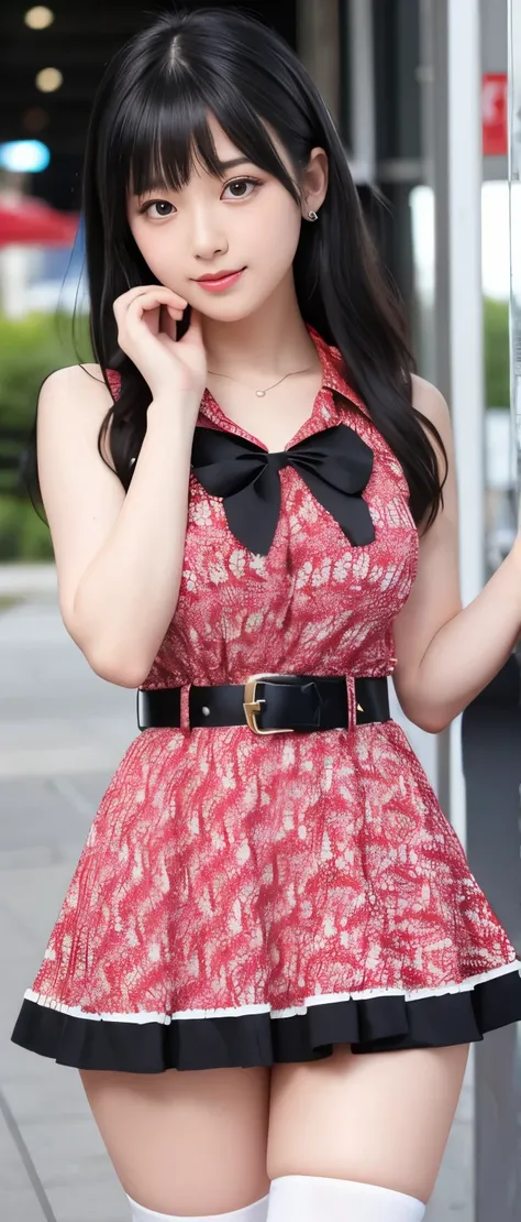  Magical Idol Girl with Beautiful Black Hair、whole body、　Good style、、、、、、、、、、Thick legs、、 Trump Print Tight Dress （Red and White）、Heart Mark Belt 、A pure girl&#39;s face、 Glowing Card 