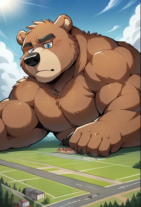 nj5furry, Grizzly berry, Lonely， beast field ，pummelig, thick arms，strong muscles，Shorts，Plush ，chubby face，  black eyebrows  ，sky blue eyes，bart，lying on the grass,on the stomach,  Vati,  (From underneath:1.1)，lie down，（Shirt,Shorts），sunlight  ,von zixion...