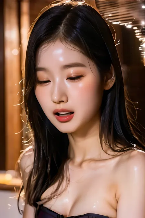 Beautiful Korean woman,black hair,20 years old,in hot spring,wearing see-through wet sarong dress,magical,ethereal,NSFW,climax,arousing,sexy,slightly opened mouth,half closed eyes,highest quality,detailed,masterpiece