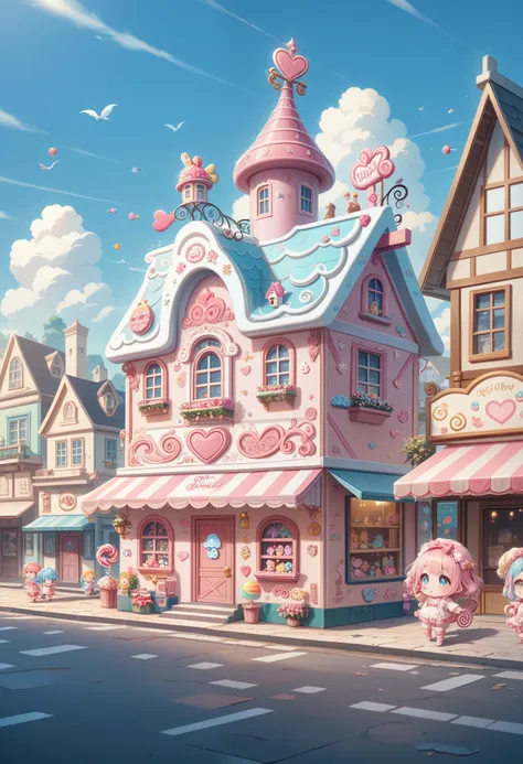 masterpiece, best quality, ultra-detailed, minimal object, chibi, kawaii style, pastel tones. a cute little town made entirely o...