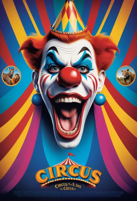 A circus poster, a colorful and vibrant circus tent, clowns with exaggerated features, ferocious wild animals, acrobatic performers on the high wire, a bold and eye-catching poster design