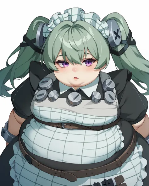 corin, purple eyes, green hair, long hair, twintails, hair ornament, maid headdress, black dress, puffy short sleeves, frilled apron, high belt, chains, shin strap, black wristband, metal cuffs, black boots, frilled dress, striped apron, fat, chubby, obese...