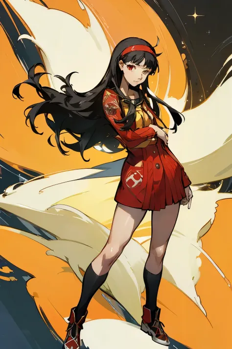 ((masterpiece, best quality))
 persona4yukikoamagi, 1girl, solo, long hair, black hair, red eyes, headband, standing in front of...