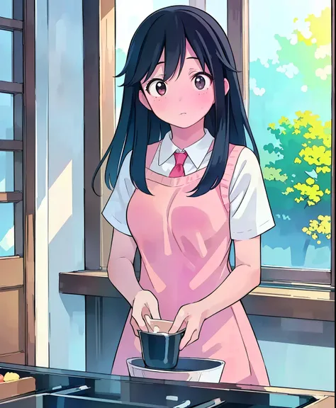 (masterpiece、Best Quality、Best Quality、Official Art、Beautiful and beautiful:1.2)、(One person:1.3),Black Hair,Chairman,kitchen、Cooking,Beautiful breasts,Cute Apron、Adorable young girl , Delicate animated illustration , WATCH VIEWERS , Soft and smooth light...