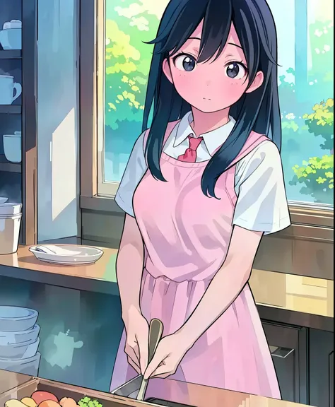 (masterpiece、Best Quality、Best Quality、Official Art、Beautiful and beautiful:1.2)、(One person:1.3),Black Hair,Chairman,kitchen、Cooking,Beautiful breasts,Cute Apron、Adorable young girl , Delicate animated illustration , WATCH VIEWERS , Soft and smooth light...