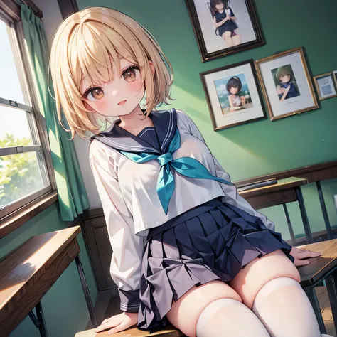 (masterpiece、Best Quality)、 Kampala、Detailed face:1.2、anime(1.2)、Sharpness、4K、 dynamic angle、 cowboy shot、Beautiful perfect posture、One girl、 pleated skirt 、 white lace panties 、Absolute territory、 super mini skirt 、 pleated skirt 、 black thigh high stocki...