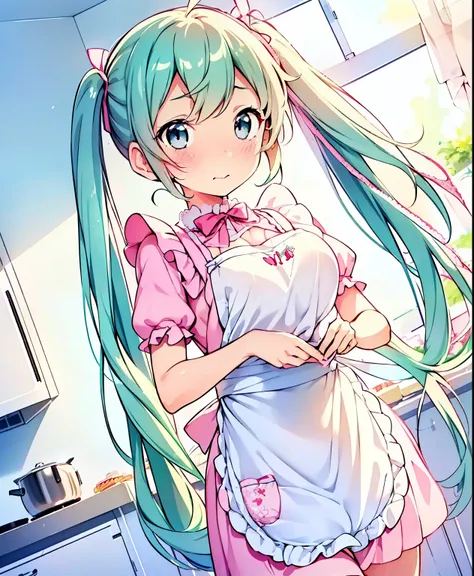 (masterpiece、Best Quality、Best Quality、Official Art、Beautiful and beautiful:1.2)、(One person:1.3) Hatsune Miku、 twin tails,Beautiful breasts,kitchen、Cooking,Beautiful breasts,Cute Apron、Adorable young girl , Delicate animated illustration , WATCH VIEWERS ...