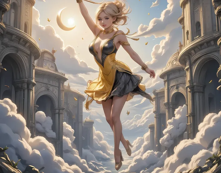 a female trapeze performer in a circus show among the clouds, it, there are moon and stars,, flying in mid air, extraordinary be...