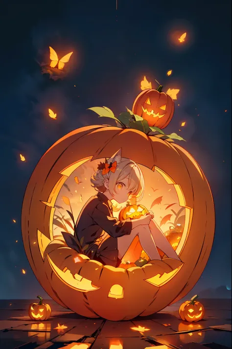 A scary , But charming spirit , sitting on a pile of corn caramels and carrying a pumpkin head, , surrounded by glowing fireflies