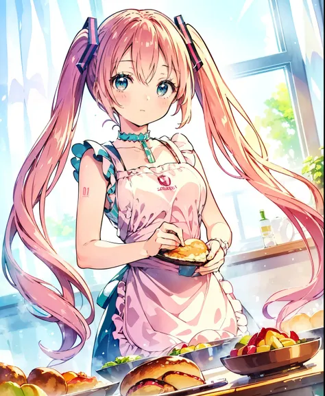 (masterpiece、Best Quality、Best Quality、Official Art、Beautiful and beautiful:1.2)、(One person:1.3) Hatsune Miku、 twin tails,Beautiful breasts,kitchen、Cooking,Beautiful breasts,Cute Apron、Adorable young girl , Delicate animated illustration , WATCH VIEWERS ...