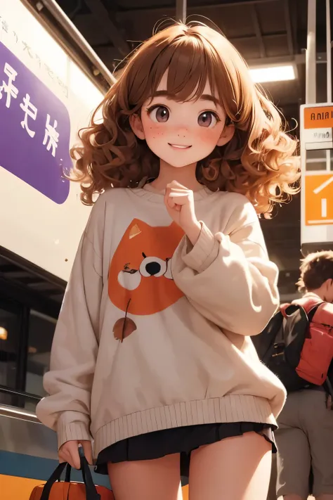 Masterpiece， best quality ，Cute doodles，Cheerful, Honor student，young ，baby face，Very short，  flat chest，Thin thighs， curly hair,  twin tail hair ，Vibrant, Curious eyes，Freckles，  thick eyebrows，Open Fly，Waiting for the train in front of a small station，Jojo Fashion，smile，Red cheeks，A little embarrassing，autumn，autumnの夜空，autumnの紅葉， Halloween ，bright，Low Angle，bright色，watercolor，Accurate and detailed female fingers，Petting a cat，

