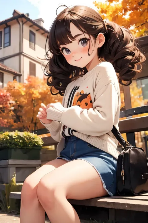 Masterpiece， best quality ，Cute doodles，Cheerful, Honor student，young ，baby face，Very short，  flat chest，Thin thighs， curly hair,  twin tail hair ，Vibrant, Curious eyes，Freckles，  thick eyebrows，Open Fly，Waiting for the train in front of a small station，Jojo Fashion，smile，Red cheeks，A little embarrassing，autumn，autumnの夜空，autumnの紅葉， Halloween ，bright，Low Angle，bright色，watercolor，Accurate and detailed female fingers，Petting a cat，

