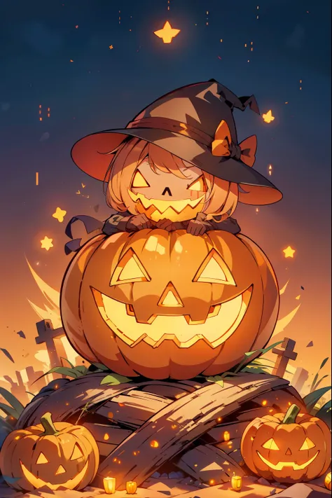 a , But the charming scarecrow , is sitting on a pile of corn caramel , , surrounded by glowing jack-o-lanterns