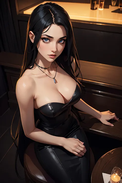 shot from above an attractive woman with long hair is sitting at a night club, looking away, firm and generous breasts, slender and feminine, black hair side-swept, hauntingly beautiful eyes, necklace, high resolution, extremely detailed, realistic, master...