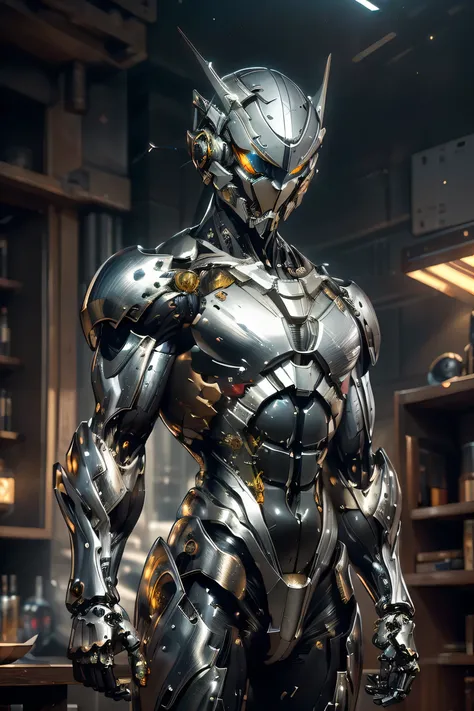 ((running towards viewer , dynamic pose)), (metallic: 1.5, silver and black suit: 1.5), (Japanese hero, whole body), (mech bodysuit with swords: 1.5), ((thunders: 1.5)), My eyes are shining brightly, Suit parts are large , Lots of LEDs, ( helmet with sharp...