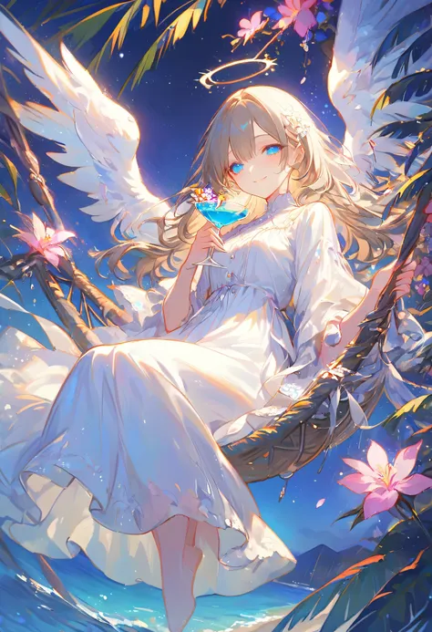 masterpiece, best quality, ultra-detailed, a graceful woman with angelic wings lounging on a hammock, her elegant white dress ad...