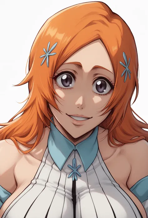 portrait, solo focus, solo, close-up, (white background, plain background, simple background:1.3), looking at viewer, (parted lips:1.2), 
:1.2)
eft_bleach_orihime, 1girl, inoue orihime, solo, long hair, orange hair, grey eyes, white dress bleach, huge brea...