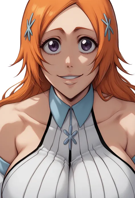 portrait, solo focus, solo, close-up, (white background, plain background, simple background:1.3), looking at viewer, (parted lips:1.2), 
:1.2)
eft_bleach_orihime, 1girl, inoue orihime, solo, long hair, orange hair, grey purple eyes, white dress bleach, hu...