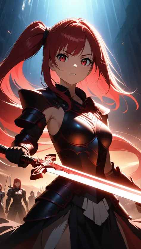  long red hair、 side ponytail 、Beautiful young woman wearing armor 、 wielding a holy sword 、 stares at you、 anime style、Anime Paint、 very detailed 、 cinematic lighting 、 fantasy、narrative poem、dramatic、 digital painting 、8k