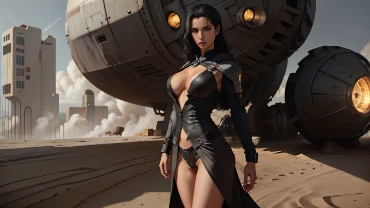 Andreja Varuun, sexy black hair, Andreja standing next to a robot. Large starship in the background, (full-length body:1.2),  topless,  minimalist:1.2 straight dark hair, (((masterpiece))), (best quality), (photorealistic:1.3), 8k, raytracing, rtx, realist...