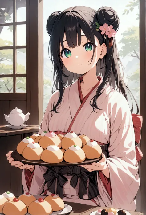 Best Quality,8k,masterpiece:1.3, holding bread with both hands ,Human Girl,1 person,1 person,Petite, Glamorous Bodies,Curvy,cute, a smiling expression that deliciously cheeks out daifuku ,Beautiful long black hair, beautiful emerald green eyes , kimono made of pastel pink fabric ,White socks, seated facing a Japanese table , A plate with lots of Japanese sweets on it is placed on the Japanese table,Holding daifuku with both hands ,