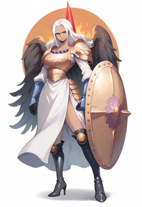 Woman with very dark skin, Tall with extremely well marked and sexy curves  (extremely wide bust and large bust with ) estilo one piece, long white hair and golden eyes  ,   black wings with a sphere of fire between the wings , medieval armor made of metal  (armor breastplate, armor gloves,  long open dress showing the thigh and leg; And high boots with heels ),  large cone-shaped spear and a large round shield covering part of the body,  full body art 