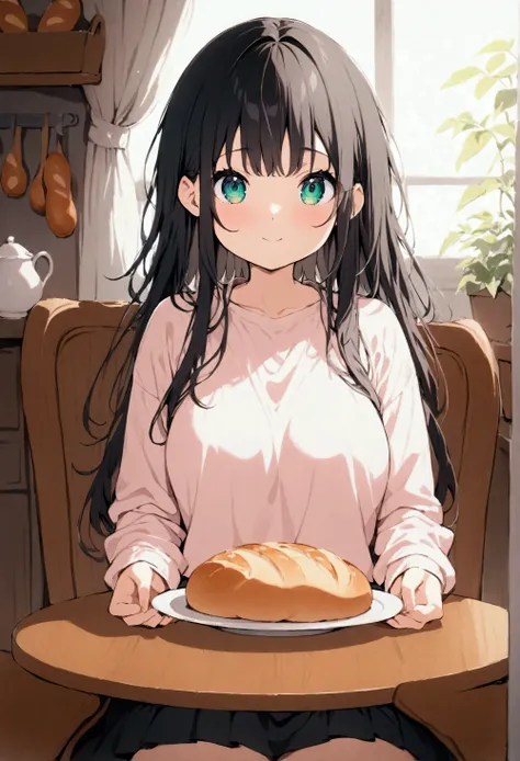 Best Quality,8k,masterpiece:1.3, holding bread with both hands ,Human Girl,1 person,1 person,Petite, Glamorous Bodies,Curvy,cute,A smiling expression that deliciously plows bread,Beautiful long black hair, beautiful emerald green eyes ,Pastel pink long sleeves Ｔshirt, black miniskirt,White socks, sitting on a chair facing the table , A plate with lots of bread on it is placed on the table,Holding bread with both hands ,