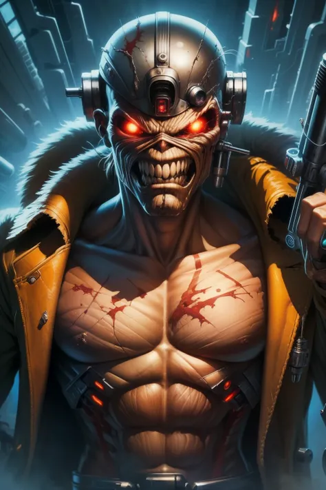 a close up of a person, ((a cyborg, technology, machine, muscular, terminator)) , 1 9 8 0's heavy metal album art, iron maiden, ...