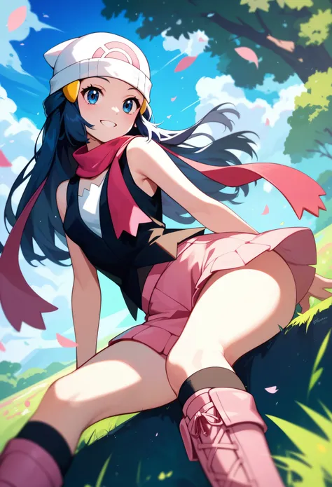 masterpiece,  best quality ,  1 girl, dawn (Pokémon), cap, wide, If its blue,  blue eyes ,  black sleeveless shirt, pink scarf ,  pink skirt, Pink Boots, smile,  staring at viewers , Field background,sexy