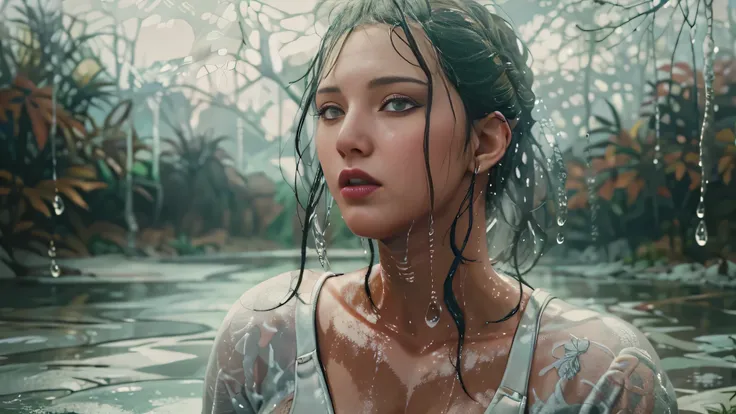 Andreja Varuun.  Braid around back of hair. Big boobs. Large boobs. White blouse, loose tie, tight clothing, wet clothing, realistic oil painting, dripping wet, beautiful realistic painting,  hyperrealist portrait in a river, fully clothed, cute shot, narr...