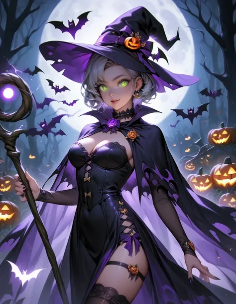 score_9, score_8_up, score_7_up, upscale 2x, 1girl as a mystical witch dressed in a Halloween-themed outfit. has a tall, pointed witchs hat decorated with tiny pumpkins and bats, and wears a flowing cape in shades of orange, purple, and black. She holds a ...