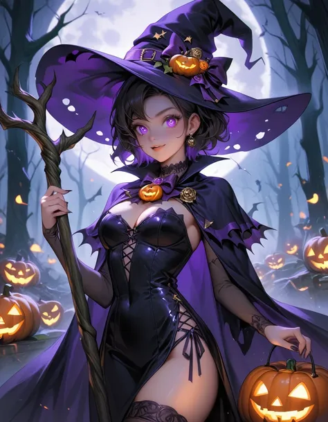 score_9, score_8_up, score_7_up, upscale 2x, 1girl as a mystical witch dressed in a Halloween-themed outfit. has a tall, pointed witchs hat decorated with tiny pumpkins and bats, and wears a flowing cape in shades of orange, purple, and black. She holds a ...