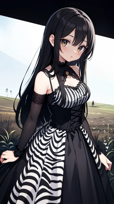 masterpiece,  best quality ,  1 girl,  upper body,  staring at viewers ,  details,  zebra print , dress,  long skirt, standing i...