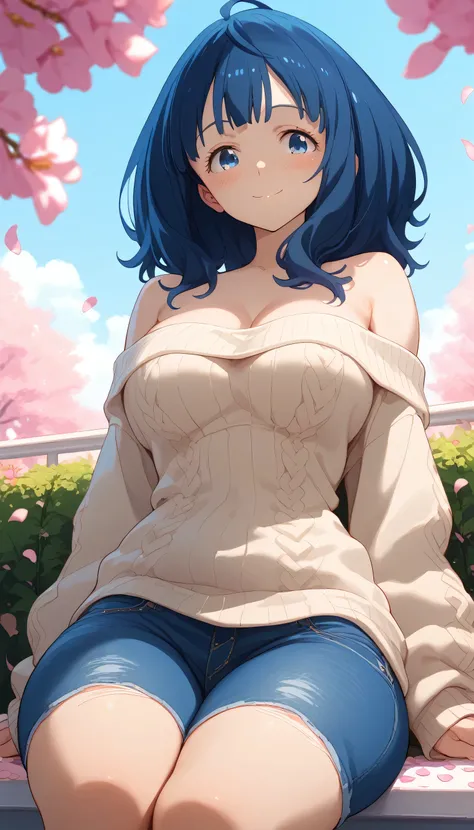 Front view, (from below:0.8), score_9_up,score_8_up, Anna Yanami,1girl, solo, dark blue eyes, blue hair, ((blush)), closed mouth, smile, big breast, big thighs, wearing an oversized off-shoulder knitted beige sweater, show cleavage, denim short, ((sitting)...