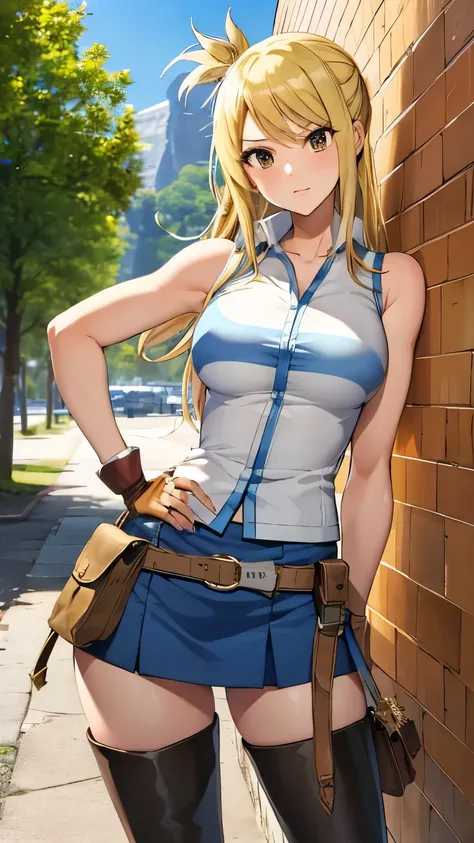 (masterpiece,  best quality :1.2), Alone,  1 girl,  Lucy Heartfilia , Green,  staring at viewers , arms behind back,  Blue Sleeveless Shirt,   miniskirt, Belt pouch, Thigh boots, Brown boots