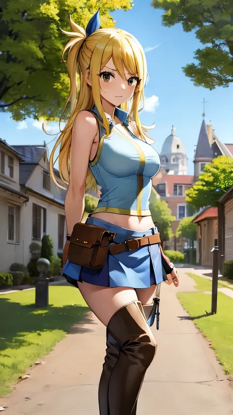 (masterpiece,  best quality :1.2), Alone,  1 girl,  Lucy Heartfilia , Green,  staring at viewers , arms behind back,  Blue Sleeveless Shirt,   miniskirt, Belt pouch, Thigh boots, Brown boots
