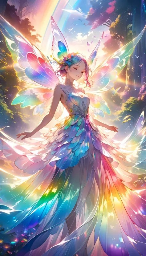 Fairy, A highly detailed and vibrant illustration of a translucent, iridescent rainbow, with layers of transparent, luminous overlays, creating a surreal and aesthetically powerful expression through multiple exposures, Mysterious and angelic atmosphere, 