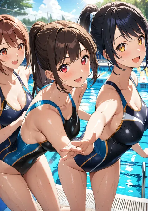 (two girls in swimsuits , Photo by telephoto lens , photo of the swimming meet,  Moment of Triumph, Im jumping up with my hands raised, Redeem Pose of Joy  ,) 
Game CG,  wonderful scenery ,  standing by a large pool ,
((competitive swimsuit, 完璧な形の competit...