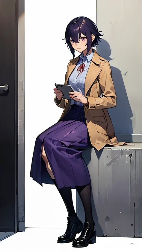 {best quality, masterpiece, high resolution}, solo, {{full body:0.7}}, black hair, hair between eyes, Red ribbon at chest, short hair, black_hair, purple_eyes, hair_between_eyes, chest, black_hair, short_hair, one_woman, looking_at_viewer, ochre_coat, coat...